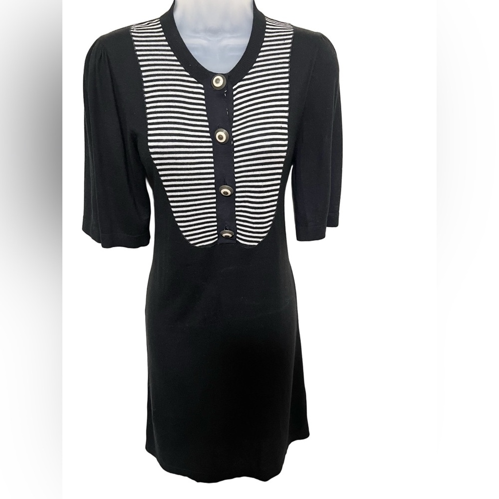 Vintage BCBG Maxazria M Silk Cashmere Sweater Dress Black Cream Button Mod Retro
